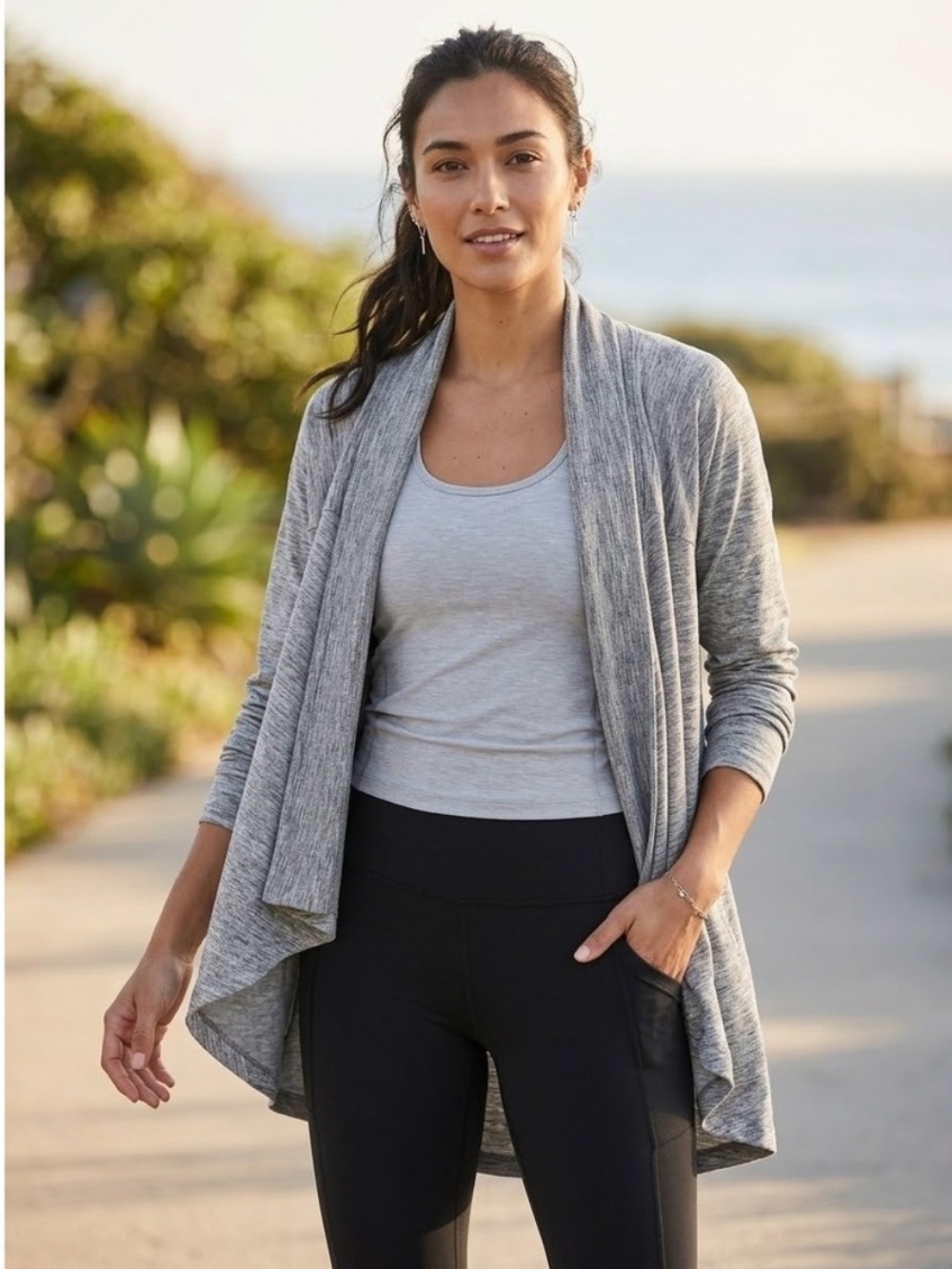 Athleta Pranayama Restore Wrap II Open-Front Sweater - Heather Gray